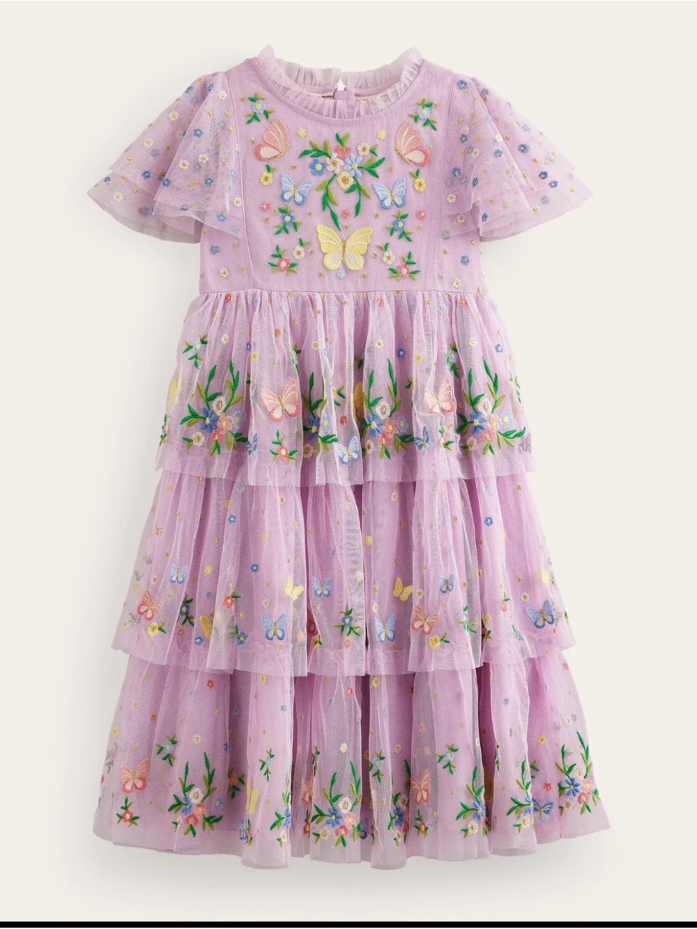Mini Boden Lilac Tiered Butterfly & Floral Embroidered Dress